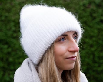 Angora Wool knitted toque with rim, lined in fleece, Braided, Handmade, Eco-responsible, Very warm for winter, Hyper Soft, Beanie