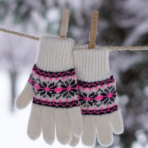 Natural Sheep Wool Gloves, Children Girl/Boy, Snowflake, Handmade, Eco-Friendly, Very Warm and Soft, Winter/Autumn/Spring, Ideal for gift Pink