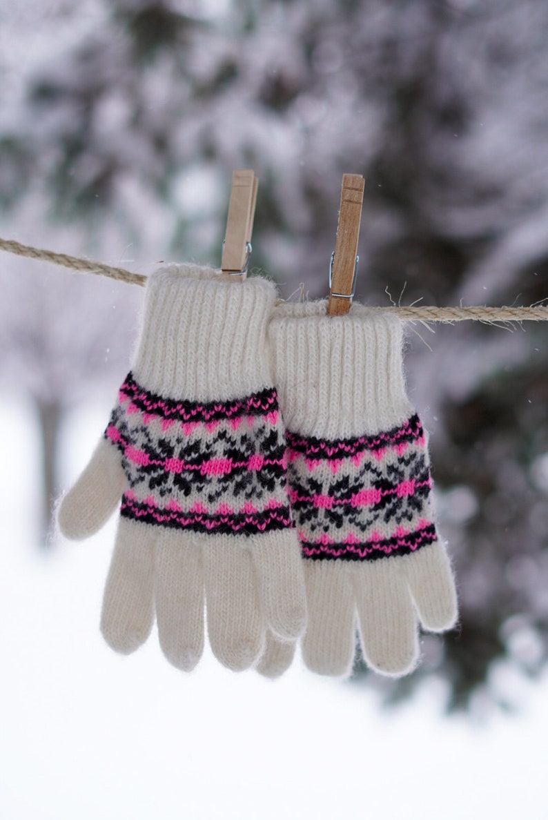 Natural Sheep Wool Gloves, Children Girl/Boy, Snowflake, Handmade, Eco-Friendly, Very Warm and Soft, Winter/Autumn/Spring, Ideal for gift Pink