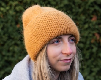 Angora Wool knitted toque with rim, lined in fleece, Braided, Handmade, Eco-responsible, Very warm for winter, Hyper Soft, Beanie