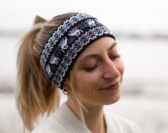 Knitted headband Italian soft wool yarn, Lined in fleece, Deer pattern, Handmade, Eco-responsible and very warm product, trendy, sporty