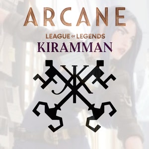 May include: A black and white graphic design of two keys crossed over each other. The text "ARCANE LEAGUE of LEGENDS KIRAMMAN" is above the graphic design.
