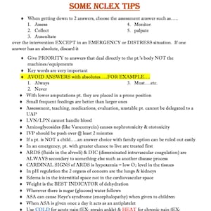 May include: A white page with black text providing NCLEX tips. The title "SOME NCLEX TIPS" is in bold, and bullet points list assessment strategies, medical conditions, and nursing interventions. The text includes medical terminology.