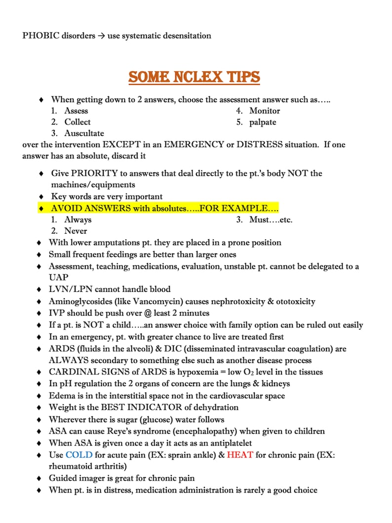 May include: A white page with black text providing NCLEX tips. The title "SOME NCLEX TIPS" is in bold, and bullet points list assessment strategies, medical conditions, and nursing interventions. The text includes medical terminology.