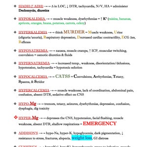 May include: A medical reference sheet with a white background and black text. The text includes medical conditions such as Diabetes Insipidus, SIADH, Hypokalemia, and Hyperkalemia, along with their associated symptoms and treatments. Some text is highlighted in green and red.