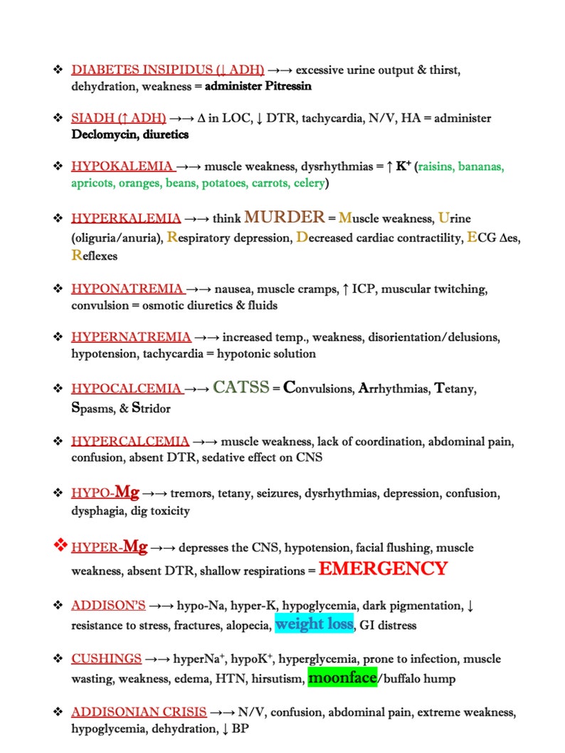May include: A medical reference sheet with a white background and black text. The text includes medical conditions such as Diabetes Insipidus, SIADH, Hypokalemia, and Hyperkalemia, along with their associated symptoms and treatments. Some text is highlighted in green and red.