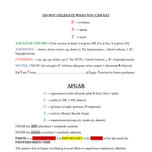 May include: A white page with black text titled "NCLEX REVIEW." The text includes medical mnemonics and abbreviations for nursing students, covering topics like delegation, Addison's, Cushing's, and the APGAR score. The page is numbered 1.