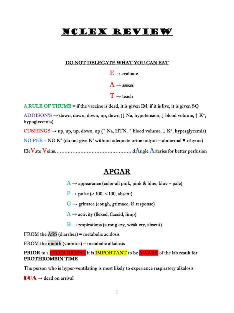 May include: A white page with black text titled "NCLEX REVIEW." The text includes medical mnemonics and abbreviations for nursing students, covering topics like delegation, Addison's, Cushing's, and the APGAR score. The page is numbered 1.