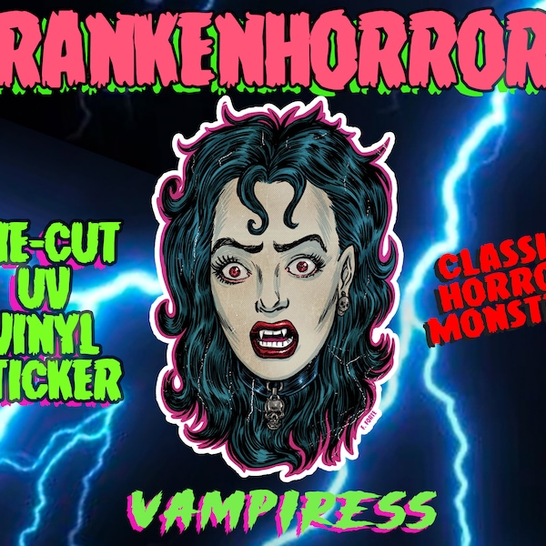 Frankenhorrors Vampiress 5" Sticker, Vintage Horror Movie Character Stickers by Frank Forte, Die Cut Vinyl Sticker Halloween Laptop