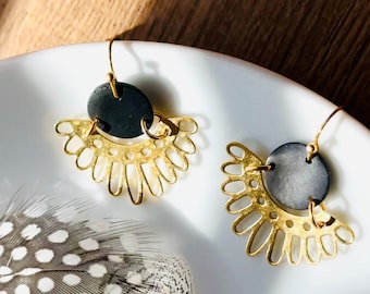 Earrings, all year long, Gold, yellow, black, sun, sunburst, round, semi-circle, medium, dangle. Perfect addition to your yearly collection