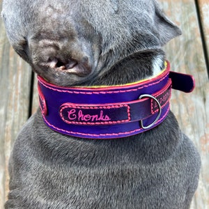Könnte beinhalten: Ein lila Lederhundekragen mit rosa Nähten und einem gelben Akzent. Der Kragen trägt den Namen "Chonks" in rosa.