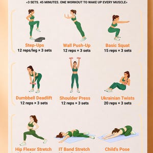 May include: A full body energy set workout guide with illustrations of exercises, including step-ups, wall push-ups, and basic squats. The guide also features dumbbell deadlifts, shoulder presses, and Ukrainian twists. The text reads "TOTAL BODY RESET. IGNITE YOUR ENERGY & STRENGTH."