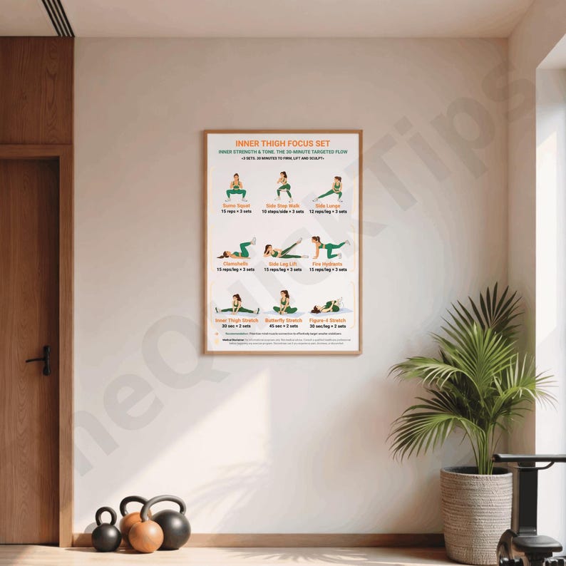 K&ouml;nnte beinhalten: Ein gerahmtes Poster mit dem Titel "INNER THIGH FOCUS SET" mit illustrierten &Uuml;bungsposen. Das Poster zeigt eine Reihe von &Uuml;bungen zur St&auml;rkung und Straffung der Oberschenkelinnenseite. Das Poster wird in einem Raum mit einer Holzt&uuml;r und einer Topfpflanze ausgestellt.