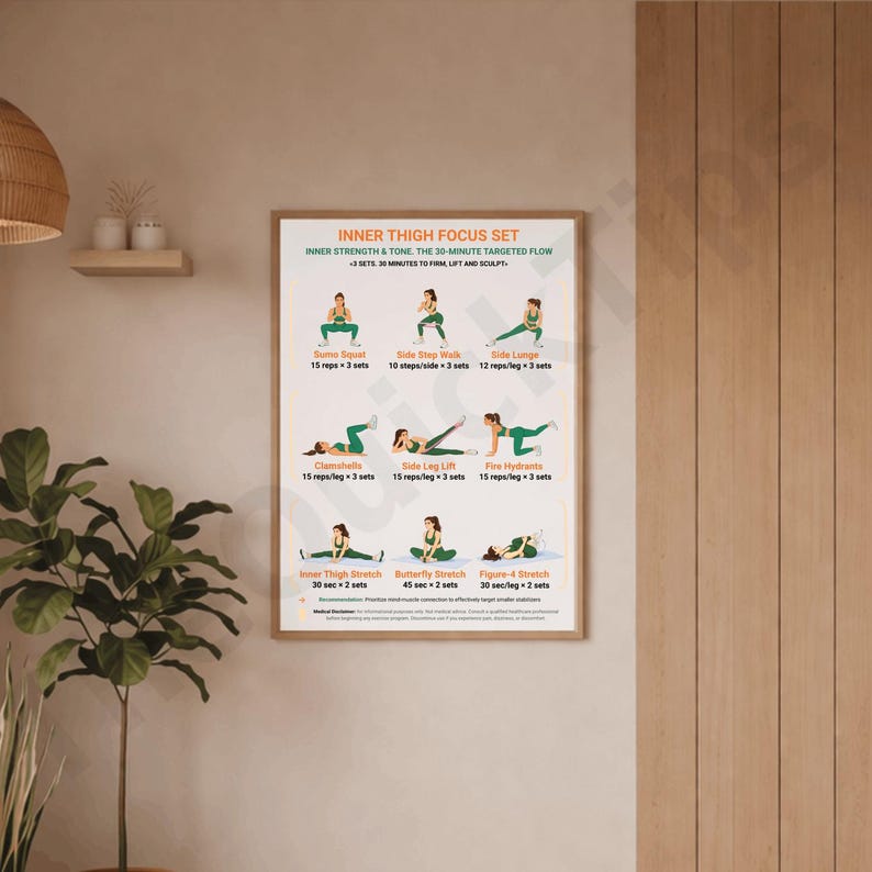 K&ouml;nnte beinhalten: Ein gerahmtes Poster mit orangefarbenem Rand zeigt ein "Inner Thigh Focus Set" Trainingsprogramm. Das Poster enth&auml;lt Illustrationen von &Uuml;bungen wie Sumo Squats, Side Step Walk und Clamshells, mit Anweisungen zu Wiederholungen und S&auml;tzen.