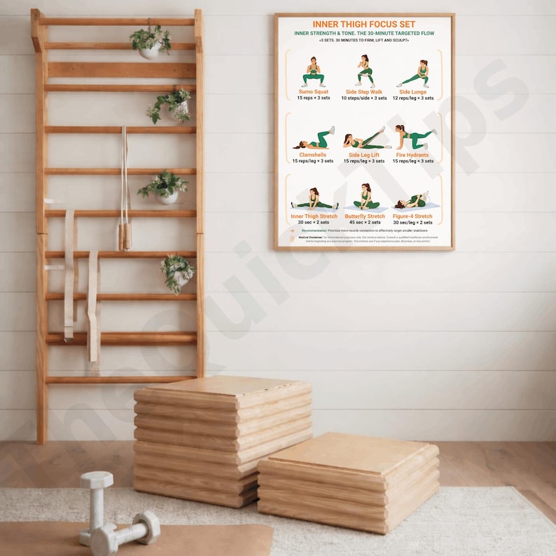 K&ouml;nnte beinhalten: Ein Fitness-Bild mit einer Holzleiter mit h&auml;ngenden Pflanzen und einem Springseil. Ein gerahmtes Poster zeigt &Uuml;bungen f&uuml;r die Oberschenkel. Zwei Holzbl&ouml;cke und Kurzhanteln im Vordergrund deuten auf ein Heim-Fitnessstudio hin.