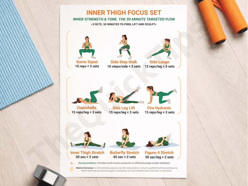 K&ouml;nnte beinhalten: Ein Trainingsleitfaden mit dem Titel "Inner Thigh Focus Set" mit Illustrationen von &Uuml;bungen wie Sumo Squats und Side Lunges. Der Leitfaden enth&auml;lt Text mit &Uuml;bungsnamen, Wiederholungen und S&auml;tzen.