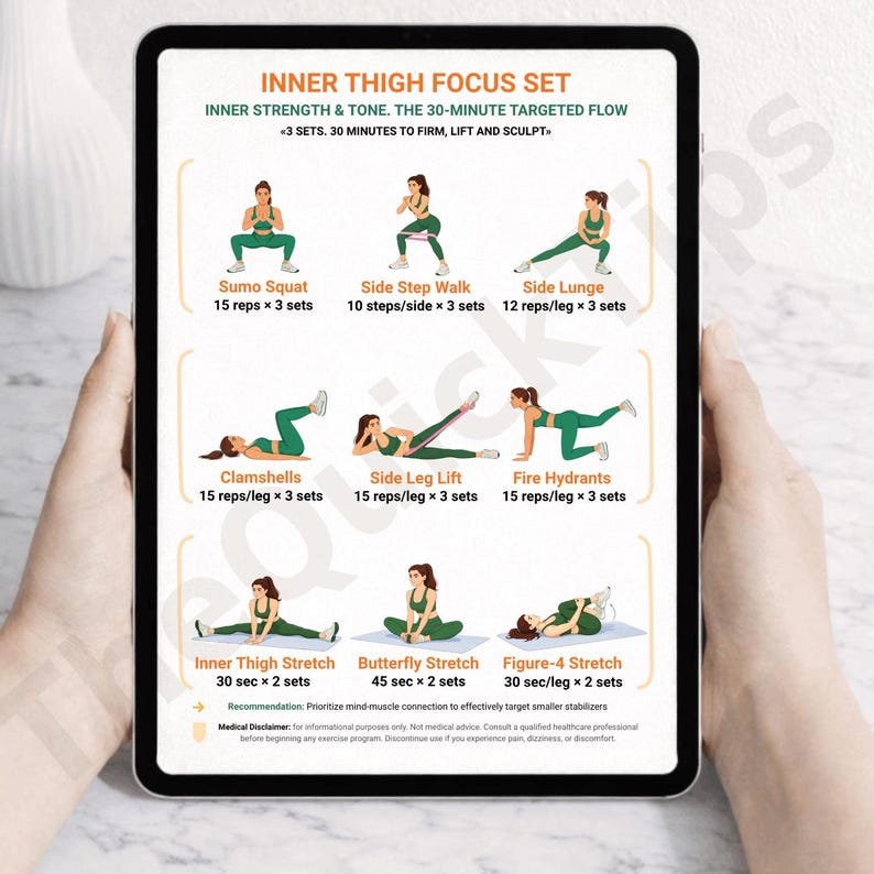 May include: A tablet displays an "Inner Thigh Focus Set" workout routine. The graphic shows illustrations of exercises like Sumo Squats, Side Step Walks, and Inner Thigh Stretches. The text emphasizes inner thigh strength and tone, with a 30-minute targeted flow.