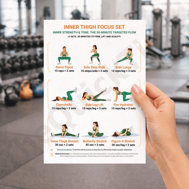 K&ouml;nnte beinhalten: Ein wei&szlig;es Blatt Papier mit &Uuml;bungsanleitungen f&uuml;r die Oberschenkel, betitelt "INNER THIGH FOCUS SET". Es zeigt Illustrationen von &Uuml;bungen wie Sumo Squat und Side Lunge. Das Papier wird von einer Hand gehalten.