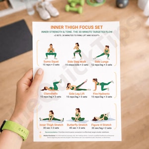K&ouml;nnte beinhalten: Ein wei&szlig;es, bedrucktes Blatt mit einer Trainingsroutine f&uuml;r "Inner Thigh Focus Set". Das Blatt enth&auml;lt Illustrationen von &Uuml;bungen wie Sumo Squat, Side Step Walk und Clamshells. Der Text erw&auml;hnt auch "30 Minuten zum Straffen, Heben und Formen."