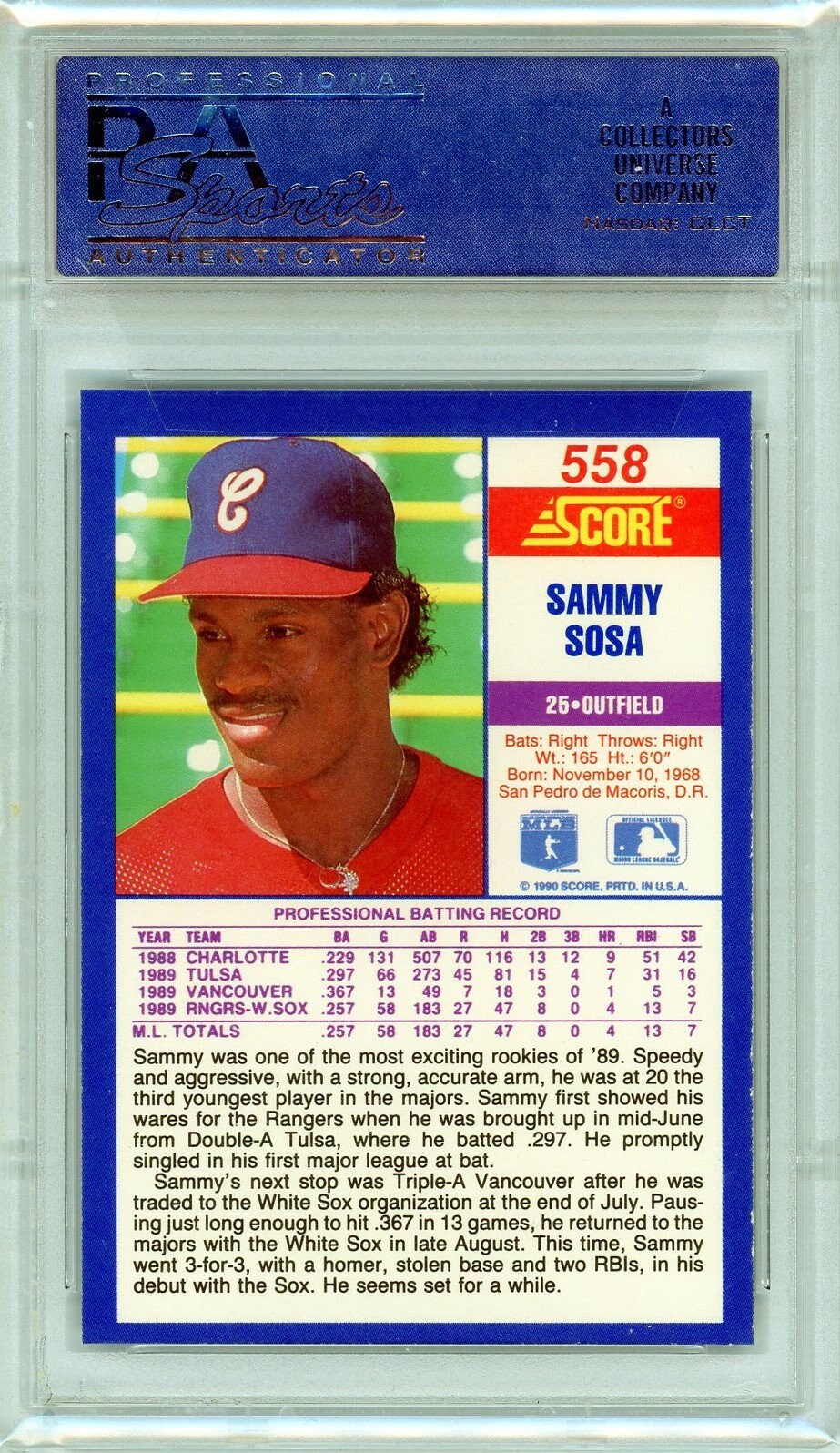 1990 Score Sammy Sosa RC PSA 8 Near Mint Rookie Card Slammin Sammy