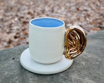 Gold and Beige Ceramic Espresso Cup with Saucer | Espresso Set | Small Cup Set for Coffee, for Tea | Luxurious Personalized Gift