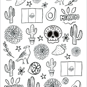 Mexico Coloring Page. Mexican Flag, Mexico bird. Mexico fruit. Mexico flower.