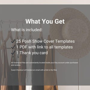 Peut inclure: T&eacute;l&eacute;chargement num&eacute;rique de 25 mod&egrave;les de couverture de Posh Show, 1 PDF avec un lien vers tous les mod&egrave;les et 1 carte de remerciement. Tous les fichiers t&eacute;l&eacute;chargeables sont situ&eacute;s dans votre compte Etsy sous les achats et les &eacute;valuations. Le paiement invit&eacute; recevra un e-mail avec un lien vers les fichiers.