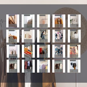 Peut inclure: Un collage de 20 images pr&eacute;sentant divers v&ecirc;tements affich&eacute;s sur des cintres. Les images pr&eacute;sentent une vari&eacute;t&eacute; de styles, de couleurs et de motifs, notamment des pulls, des chemises, des robes et des pantalons.