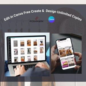 Peut inclure: Un ordinateur portable et un smartphone affichant un site Web avec une grille d'images. Le site Web permet de cr&eacute;er et d'&eacute;diter des publications sur les r&eacute;seaux sociaux. Le texte sur le site Web dit "Fresh off the rack". Le texte sur l'&eacute;cran de l'ordinateur portable dit "Edit in Canva Free Create & Design Unlimited Copies". Le texte sur l'&eacute;cran du smartphone dit "Create for Poshmark Templates".