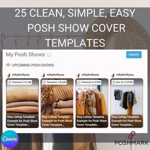 Peut inclure: Capture d'&eacute;cran d'un ordinateur montrant un site Web de vente d'articles en ligne. Le site Web s'appelle "Poshmark" et poss&egrave;de une section appel&eacute;e "Mes Posh Shows". Il y a quatre listes diff&eacute;rentes pour les spectacles &agrave; venir, chacune avec une image et une description diff&eacute;rentes. Les listes sont pour les v&ecirc;tements et les accessoires.