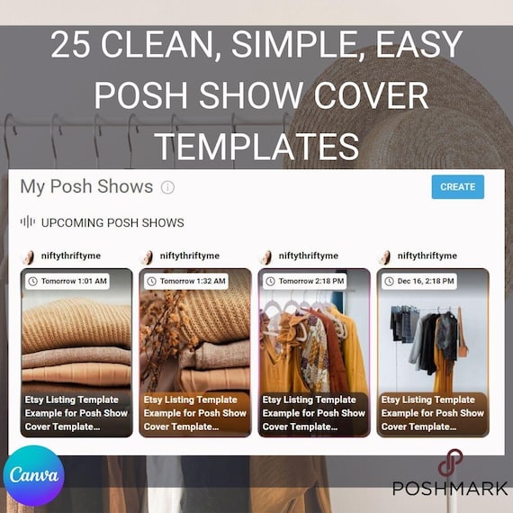 25 Clean Simple Posh Show Cover Image, Canva Template, Poshmark Live Template, Reseller Cover, Editable Canva Free Template Digital Download