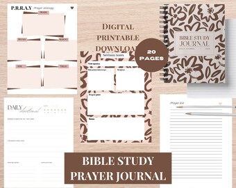 Könnte beinhalten: Ein digitaler, druckbarer Bibelstudien- und Gebetsjournal mit 20 Seiten. Das Journal zeigt ein braunes und rosafarbenes Blumenmuster mit dem Text "Bible Study Journal" und "Daily Journal".