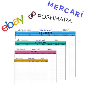 May include: A printable spreadsheet for tracking online sales on Mercari, Poshmark, and eBay. The spreadsheet has columns for date, item, size, weight, shipping cost, listing price, and sold. The spreadsheet is in a blue, green, pink, and yellow color scheme.