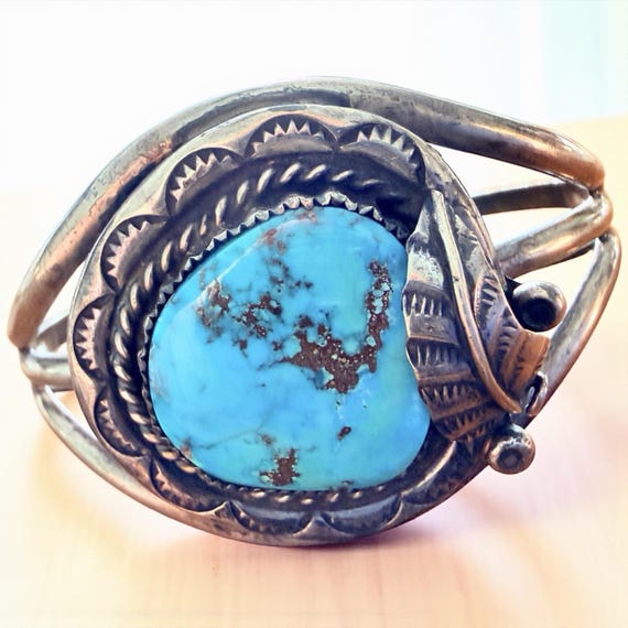 1970s Vintage NAVAJO Sterling Silver Rare Turquoise B… - Gem