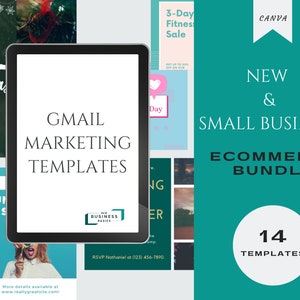 Könnte beinhalten: Ein türkisfarbener Hintergrund mit dem Text "NEW & SMALL BUSINESS ECOMMERCE BUNDLE" in weiß. Unter dem Text befindet sich ein weißer Kreis mit der Zahl "14" und dem Text "TEMPLATES" in schwarz. Das Bild enthält auch eine Collage aus verschiedenen Bildern, darunter ein Weihnachtsbild, ein Fitness-Verkaufsbild und eine Vielzahl anderer Bilder.