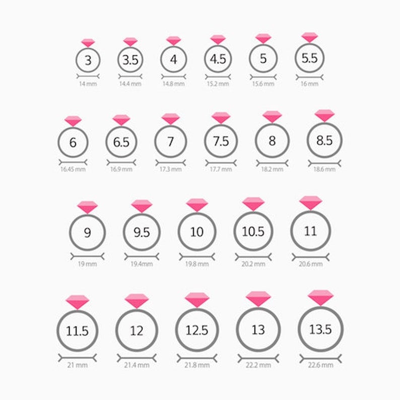 May include: A chart showing ring sizes in millimeters. The chart shows the ring size, the diameter of the ring in millimeters, and a visual representation of the ring.