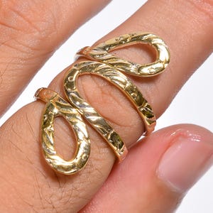 May include: A gold-toned snake-shaped ring with a textured design. The ring is worn on a finger.