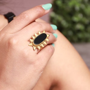 Black Onyx Ring Gold, Large Black Stone Ring, Oval Onyx Ring, Statement Ring, 925 Sterling Silver Ring, 18kt Gold Ring, Christmas Gift Women