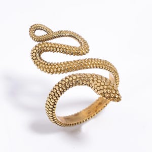 Peut inclure: Une bague en forme de serpent dorée avec un motif texturé et écailleux. La bague est enroulée en double boucle, la tête du serpent étant tournée vers l'avant.