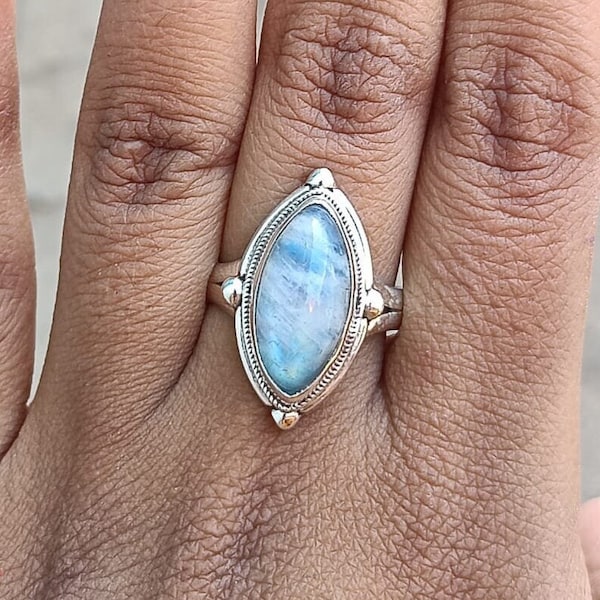 Natural Rainbow Moonstone Ring, Moonstone Ring, Boho Silver Ring, Dainty Ring, Ring For Women, White Moonstone, Marquoise Ring