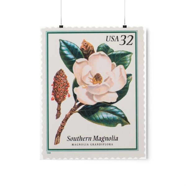 Vintage Southern Magnolia Poster, Vintage Postage Stamp Wall Art, Magnolia Art Print