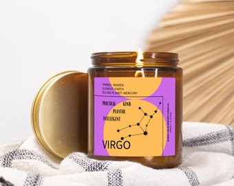 Virgo Zodiac Candle, Soy Coconut Wax, 9oz, Amber Jar with lid, Bright and Bold