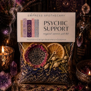 May include: A clear bag filled with dried botanicals, including orange slices and dragon fruit, labeled "Psychic Support." The package is part of a "magical simmer pot kit" and includes the words "Intuition, Clarity, Awareness, Guidance."