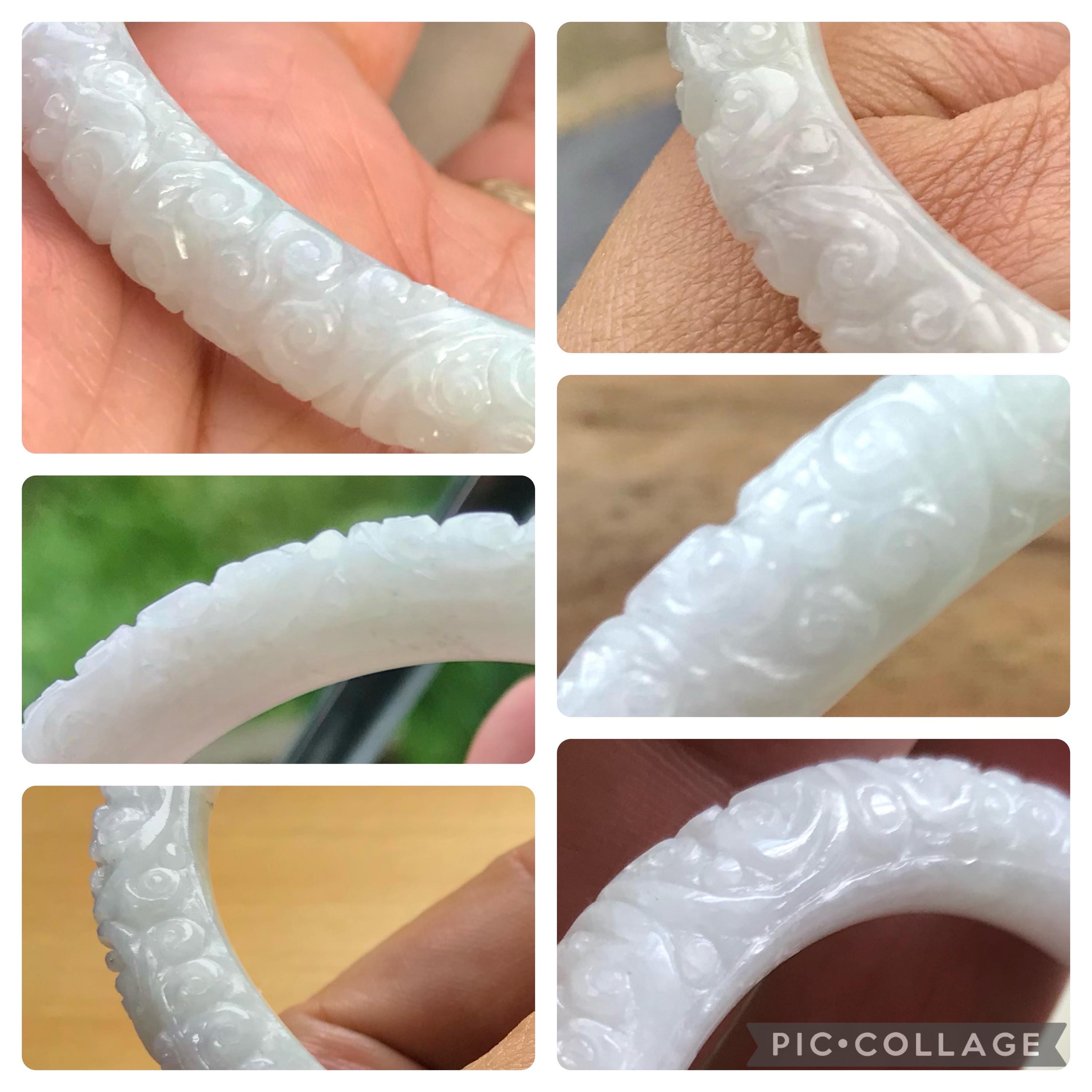 手彫り翡翠バングル：アイシーホワイト、花柄、58.6mm S903 - Etsy 日本