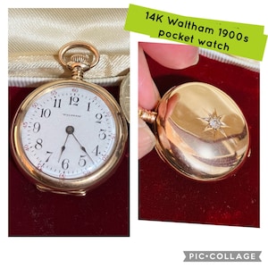 Waltham 14k solid Gold diamond pocket watch Antique/ vintage  runs well , art deco , 1900s 15J minty