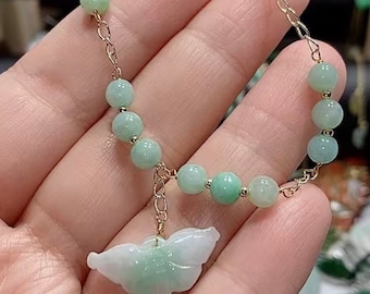 Jadeite beaded Bracelet butterfly glassy light green translucent imperial jade Myanmar Jewellery A17