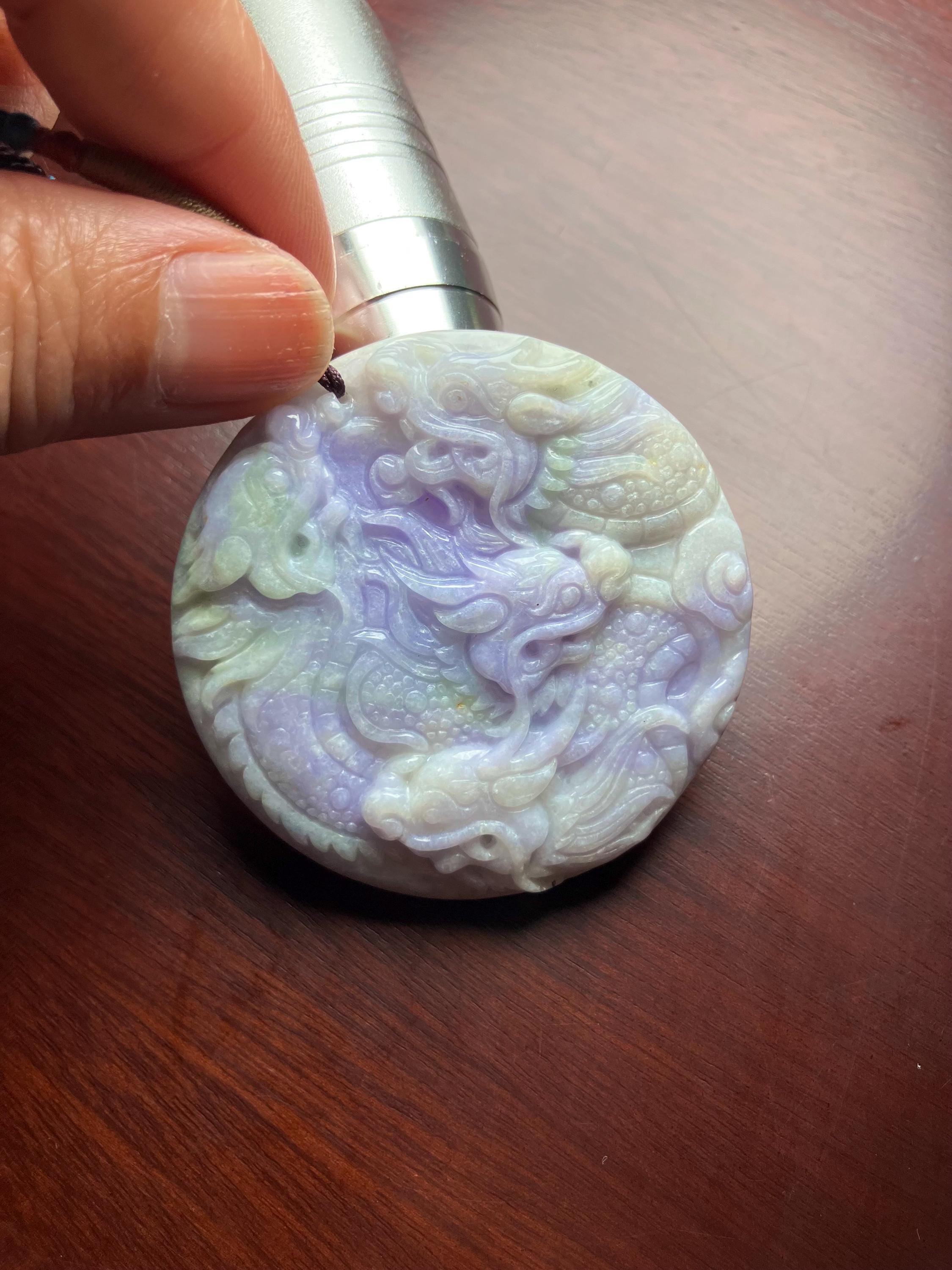 龍ペンダント 翡翠 / 紫 ラベンダー グリーン / 認定グレード A 本物の
