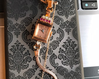 Bulova Antique Art Deco  vintage diamond watch ,14k solid Rose gold  woman watch , genuine diamonds & ruby , oiled and serviced L1