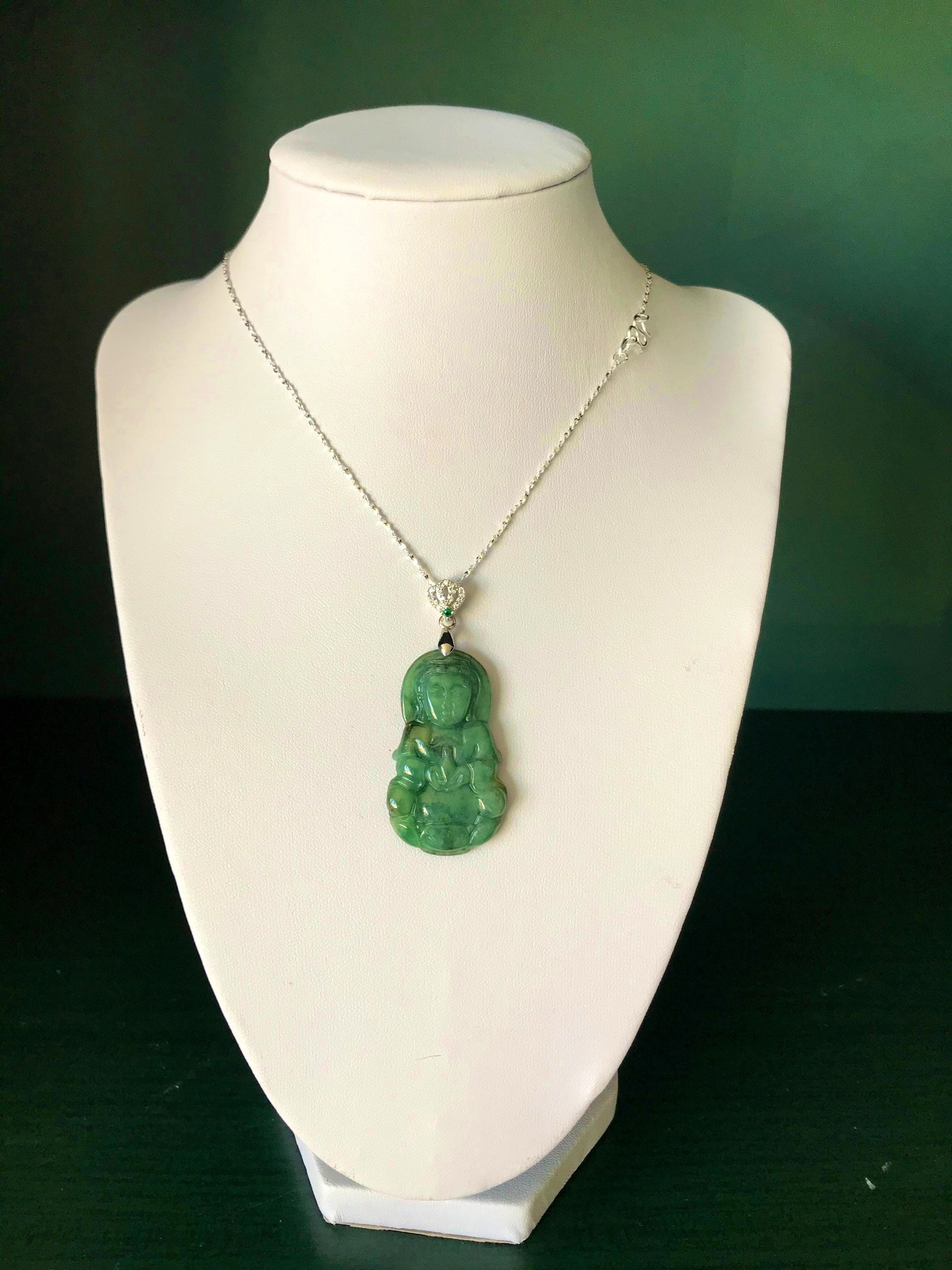米国関税込み-本物の観音翡翠ネックレスグリーン翡翠グレードA