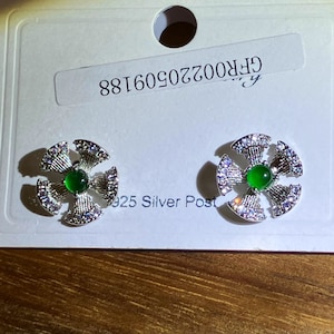 Type A Natural Myanmar /Imperial Green Jadeite Jade Cabochon Simple Floral Ear Studs, s925 Silver/green jadeite H6